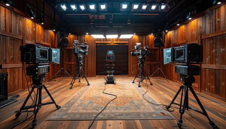 A professional film studio with multiple cameras and lighting equipment set up on a wooden floor.の素材