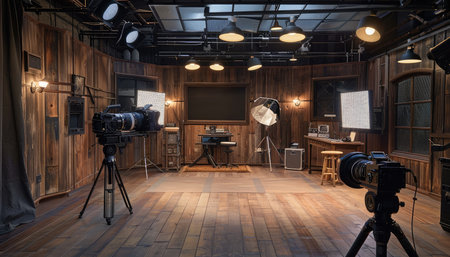 A film set with two cameras on tripods, lighting equipment, and wooden walls.の素材