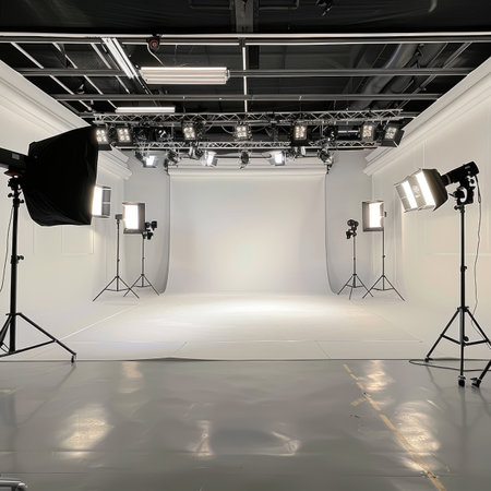 An empty photography studio with white backdrop and lighting equipment, ready for a photoshoot.の素材