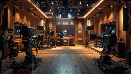 A professional video studio with two cameras on tripods, lighting, and soundproofing.の素材