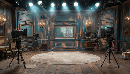 A rustic studio setting with two cameras on tripods, a round rug, and vintage furniture.の素材