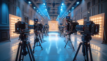 A row of professional cameras on tripods set up in a studio, ready for filming.の素材