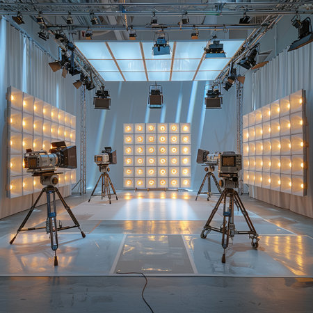 A studio setting with three video cameras and a lighting grid backdrop.の素材