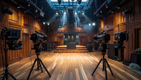 An image of a soundproof studio featuring three professional cameras mounted on tripods, set up to film a small stage.の素材