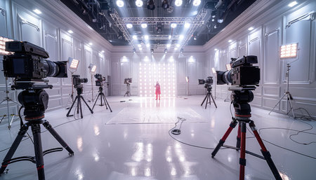 A professional film studio set up with cameras on tripods facing a white screen backdrop, with multiple lights illuminating the space.の素材