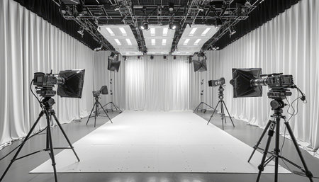 Three video cameras on tripods are set up in a studio with white curtains and lighting.の素材