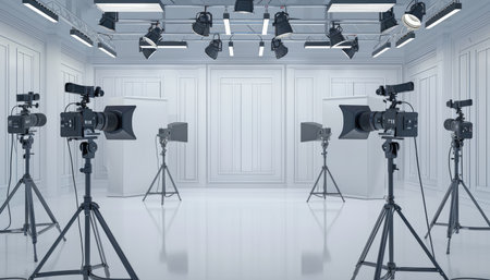 A professional studio space is prepared with multiple cameras, lighting equipment, and tripods.の素材
