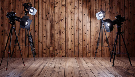 A photography studio set up with two cameras on tripods and lights positioned in front of a wooden wall.の素材