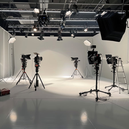 A professional film studio setup with multiple cameras and lighting equipment, ready for filming.の素材