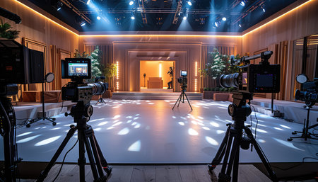 A studio set with two film cameras on tripods, facing each other, ready for recording.の素材