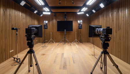 Two professional cameras set up on tripods in a studio with wooden walls and lighting equipment.の素材