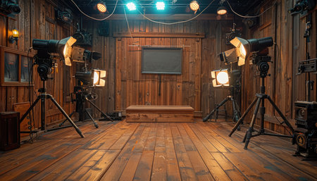 A film studio setup with wooden walls, lighting equipment, and a camera on a tripod.の素材