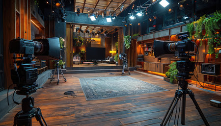 Two professional video cameras are set up on tripods in a television studio.の素材