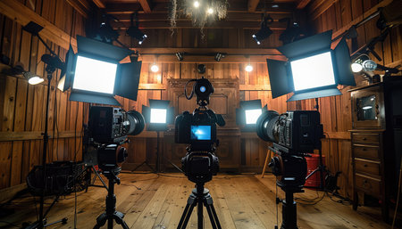 Two cameras on tripods are set up in a rustic wooden room with lighting equipment.の素材