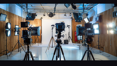 A film studio setup with multiple cameras, tripods, lighting equipment, and a white backdrop.の素材