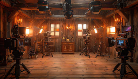A film set with multiple cameras, tripods, and lighting equipment in a rustic wooden room.の素材