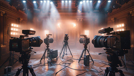 Four professional video cameras are positioned on tripods, ready to record, within a theater setting.の素材