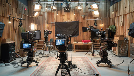 A studio setting with three cameras on tripods, lighting equipment, a wooden backdrop, and a rug on the floor.の素材