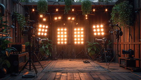 A rustic film set with lighting equipment, cameras on tripods, and greenery.の素材