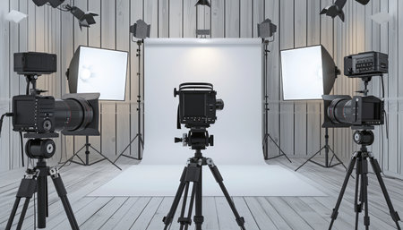 A professional photography studio with three cameras set up on tripods, positioned in front of a white backdrop, with lighting equipment positioned on either side.の素材