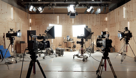 This image shows a film set with multiple cameras and lighting equipment, indicating a professional film or video production in progress.の素材