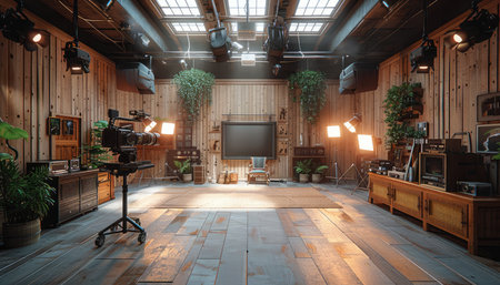 A vintage television studio with wooden walls, vintage decor, a camera on a tripod, and a blank television screen.の素材