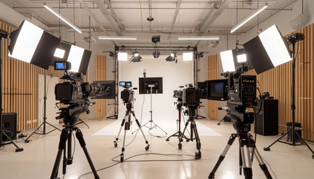 A professional studio space with multiple cameras on tripods, various lighting equipment, and a white backdrop.の素材
