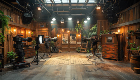 A film set featuring two cameras, wooden walls, and rustic furniture.の素材