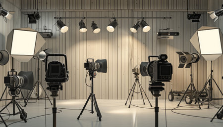 A professional film studio setup with multiple cameras, tripods, and lighting equipment.の素材