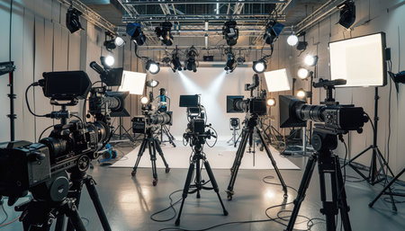 A professional film studio with multiple cameras on tripods, lighting equipment, and a white backdrop, ready for filming.の素材