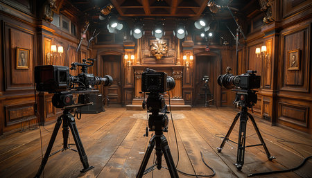A film set with three professional cameras on tripods in a wood-paneled room.の素材