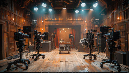 A film set with multiple cameras on tripods positioned in a rustic wooden room, with lighting equipment and a small table in the background.の素材