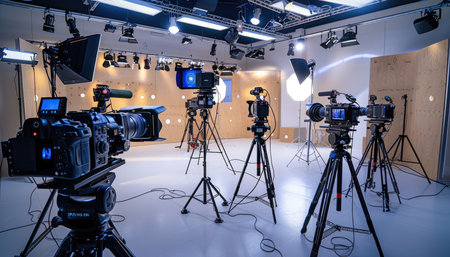 This image shows the interior of a television studio set up for film production, featuring multiple cameras on tripods, lighting equipment, and a backdrop.の素材
