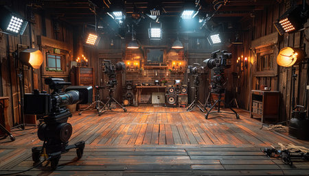 A film set with multiple cameras, lighting equipment, and sound systems in a rustic wooden room.の素材