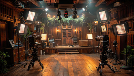A film studio set with two cameras, lighting equipment, and a wooden stage.の素材