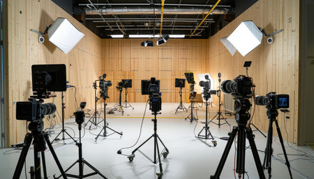 A professional film studio setup with multiple cameras and lighting equipment.の素材