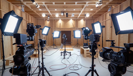 A studio space with multiple cameras and lighting equipment setup for filming or photography.の素材