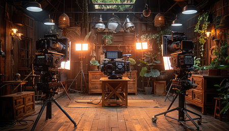 A film set featuring three professional cameras on tripods, lighting equipment and wooden furniture in a rustic room.の素材