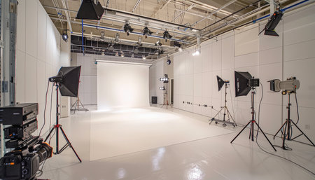 A well-equipped photo studio with various lighting equipment and a large white backdrop.の素材