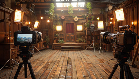 Two professional cameras set up on tripods facing each other in a rustic wooden studio environment.の素材