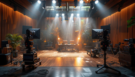 A professional studio with two cameras, bright lighting, and a set designed for video production.の素材