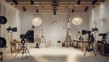 This is a professional photography studio setup, featuring multiple cameras, lighting equipment, and a white backdrop.の素材
