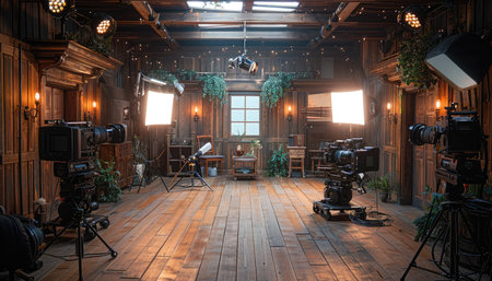 A rustic film set with two cameras, lighting equipment, and a wooden backdrop.の素材