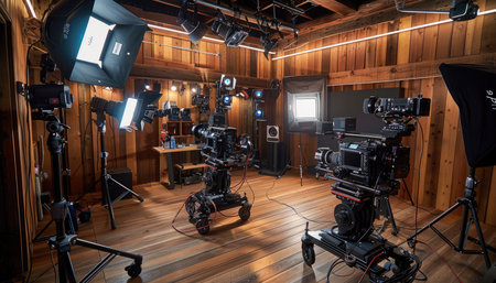 A professional film studio with multiple cameras and lighting equipment set up on a wooden floor.の素材