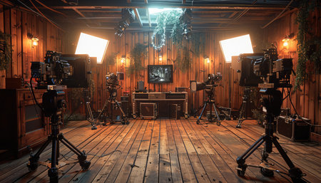 A film studio set with professional cameras, tripods, lighting equipment and screens, in a rustic wooden interior.の素材