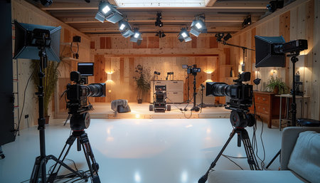 A film studio setup with two professional cameras on tripods, lighting equipment, and furniture.の素材