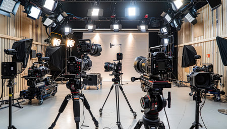 A studio setting with multiple professional cameras and lighting equipment.の素材