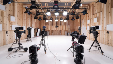 An empty film set with professional cameras, lighting equipment, and wooden walls.の素材