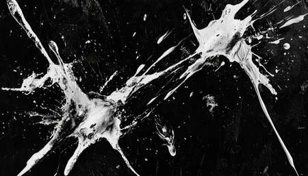 A black and white abstract image depicting white paint splatters on a black background.の素材
