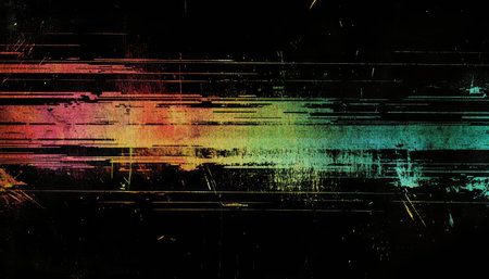 A digital abstract background featuring a vibrant rainbow-hued glitch on a black background.の素材